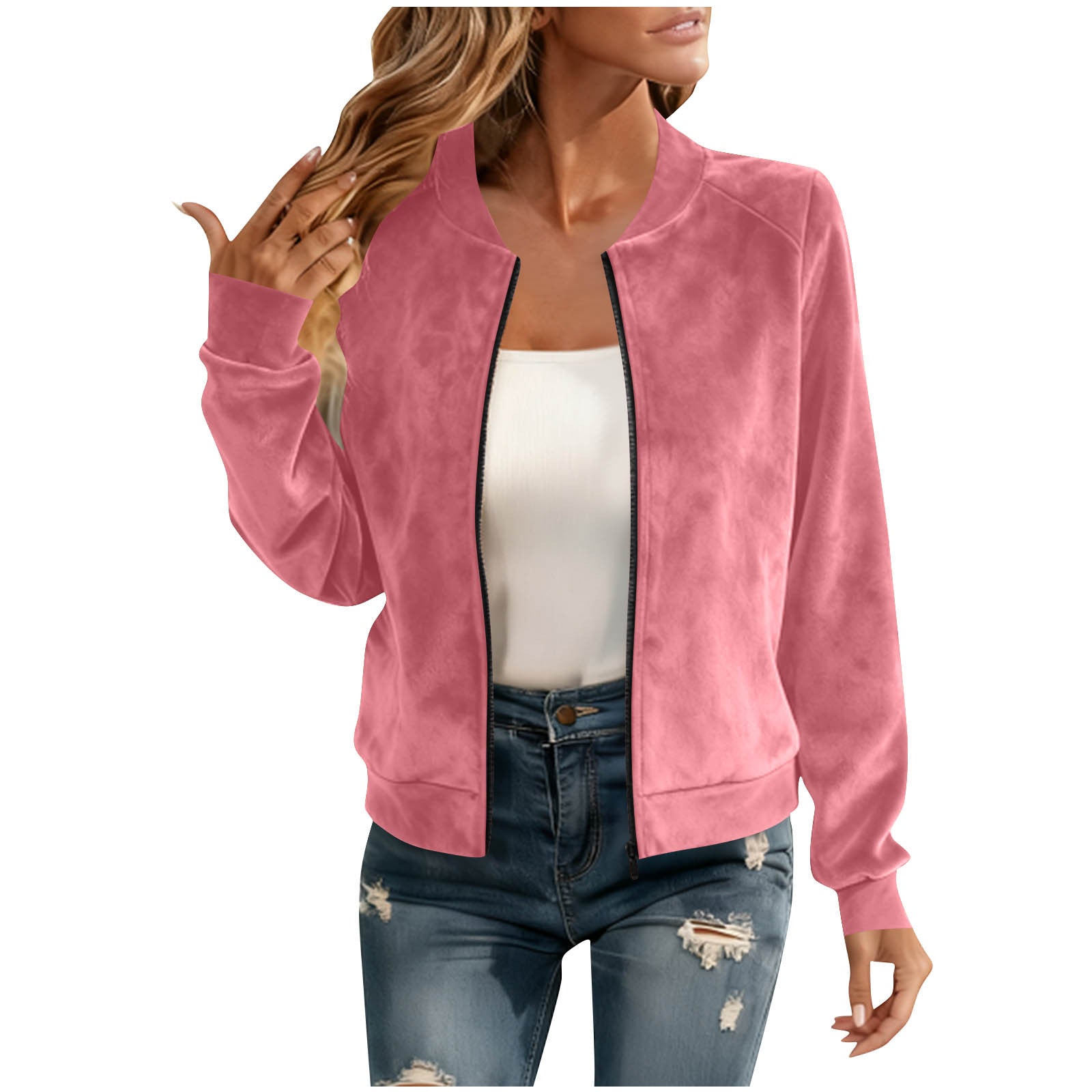 Women's Suede Look Short Jacket - Fleece Lined, Zip & Round Neck