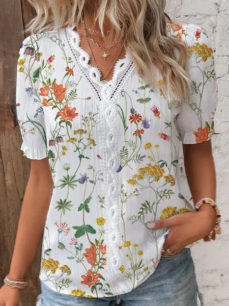Damen Sommerbluse Spitze V-Ausschnitt | Eleganter Print Look