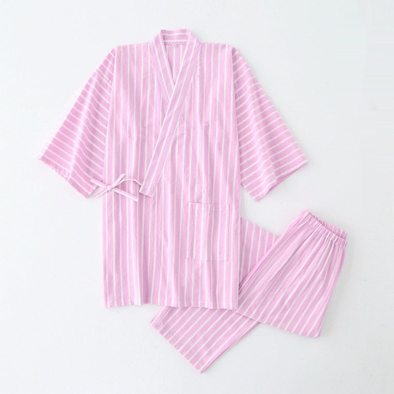 Kimono Pyjama Set Baumwolle | Gestreift Damen Herren Loungewear