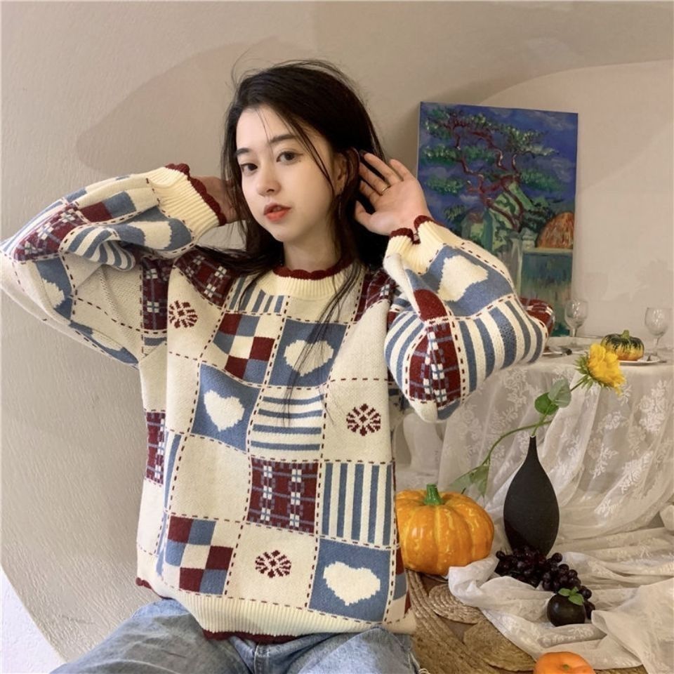 Women's Knitted Jumper Heart Pattern – Japanese Retro Color Block Look