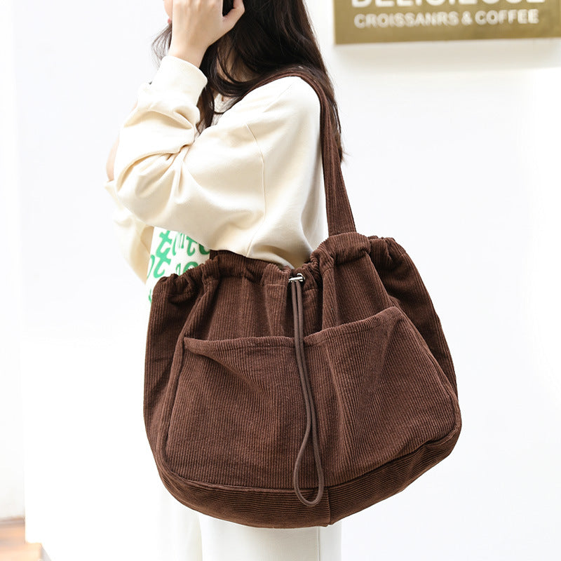 Women's Corduroy Shoulder Bag with Drawstring & Compartments