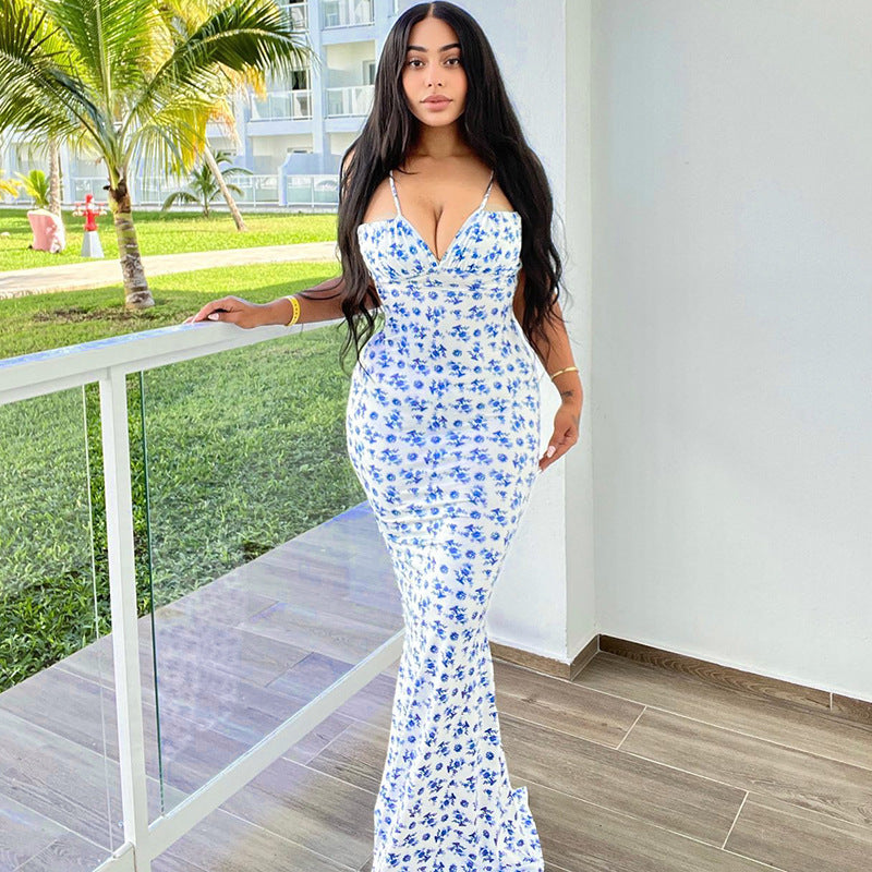 Florales Maxi-Sommerkleid – Rückenfreies Schnürkleid mit Spaghettiträgern