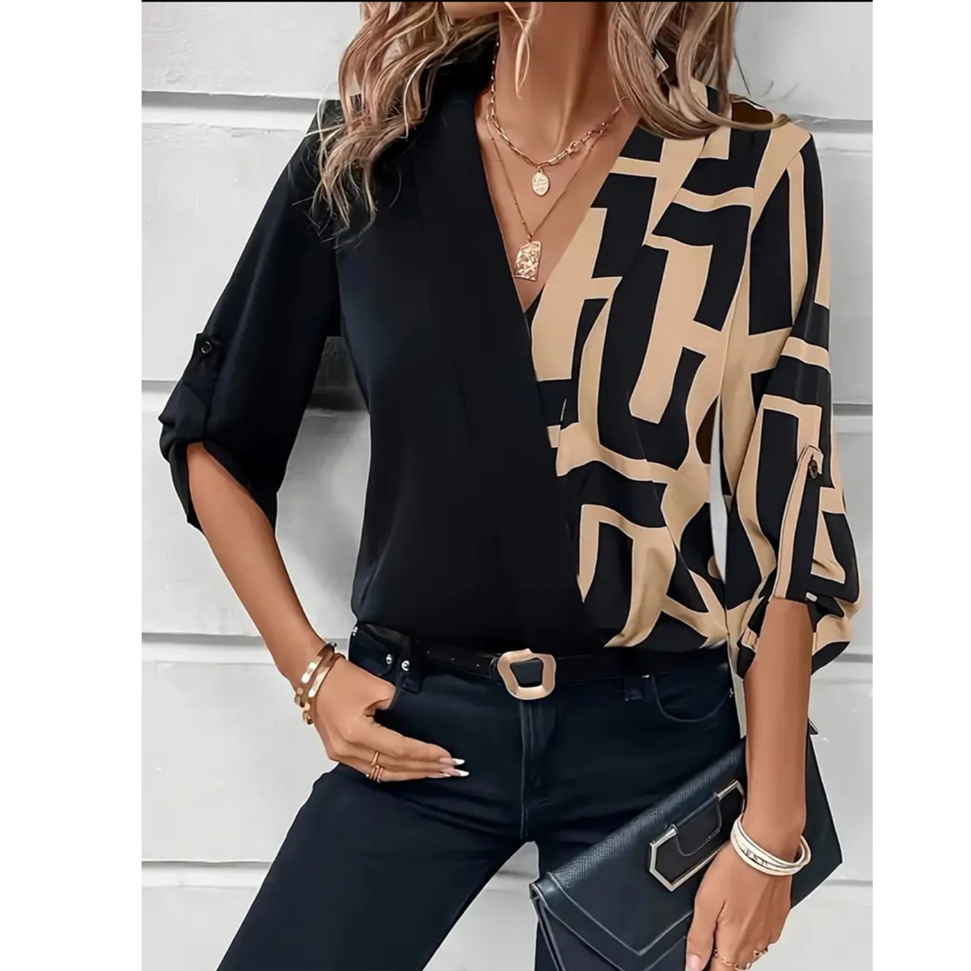 Fashionable Women's Black Blouse with V-Neck – Patchwork & Casual Chic