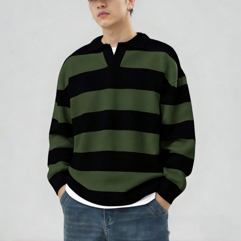 Herren V-Ausschnitt Pullover – Gestreifter Strickpullover Casual