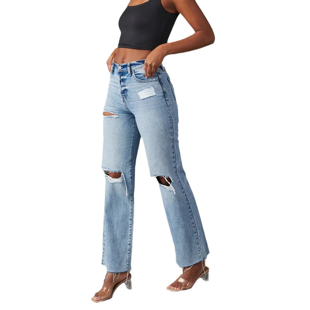 Women's Straight Leg Jeans Distressed Look – Washed Denim with Raw Hem
