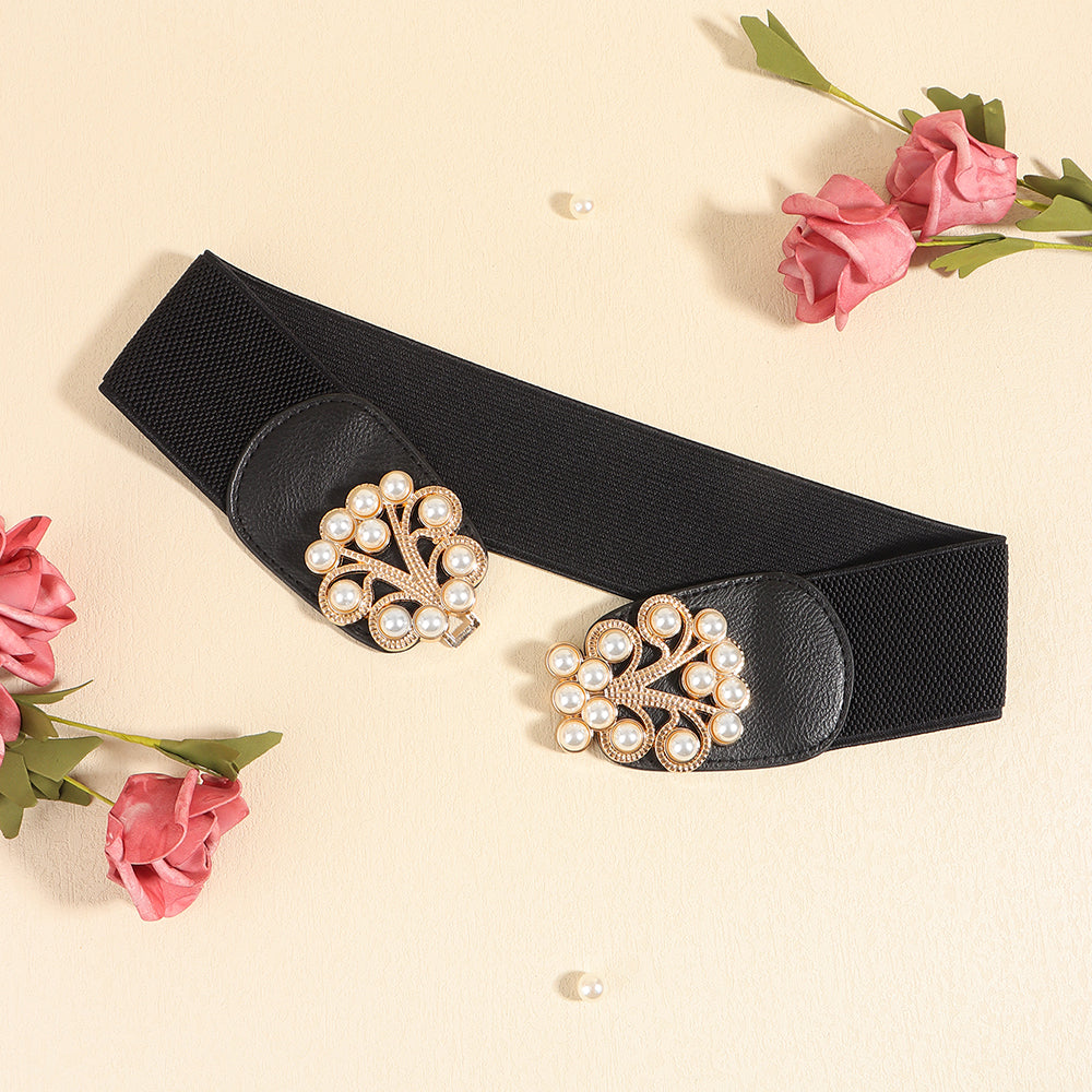 Women's Stretch Belt Wide | Elastic Pearl Buckle Elegant