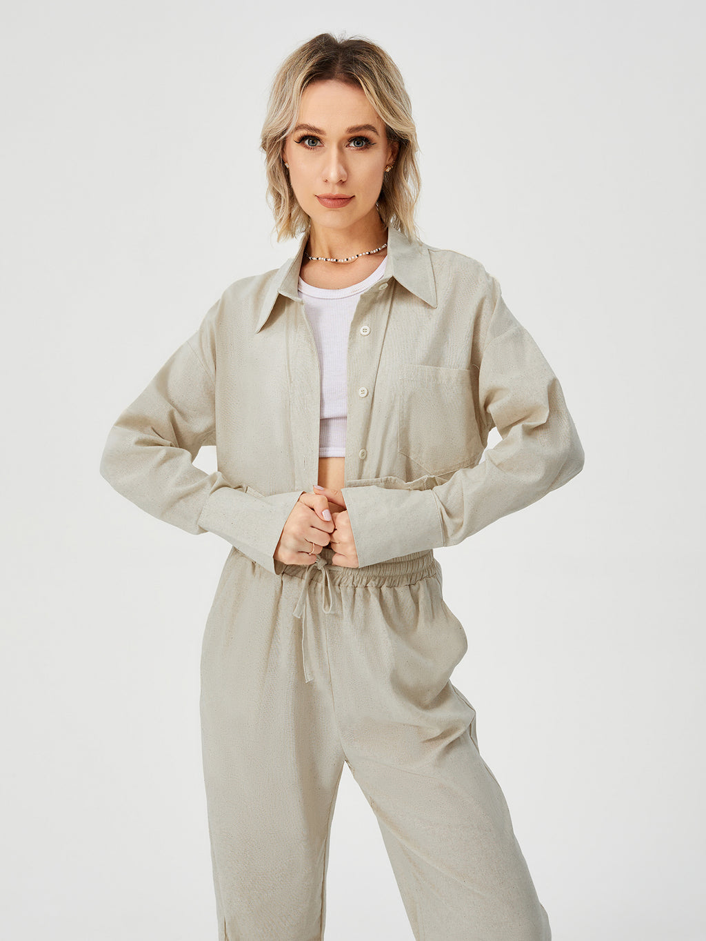 Women's Two-Piece Loungewear Set – Long-Sleeve Shirt & Wide-Leg Pants