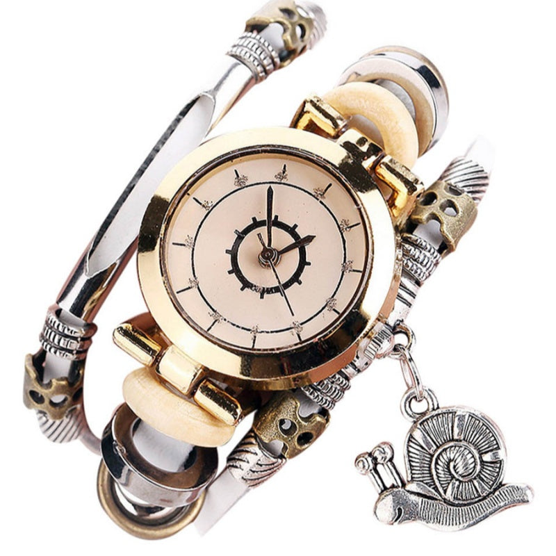 Vintage Ladies' Wristwatch, Curved Leather Strap, Snail Pendant