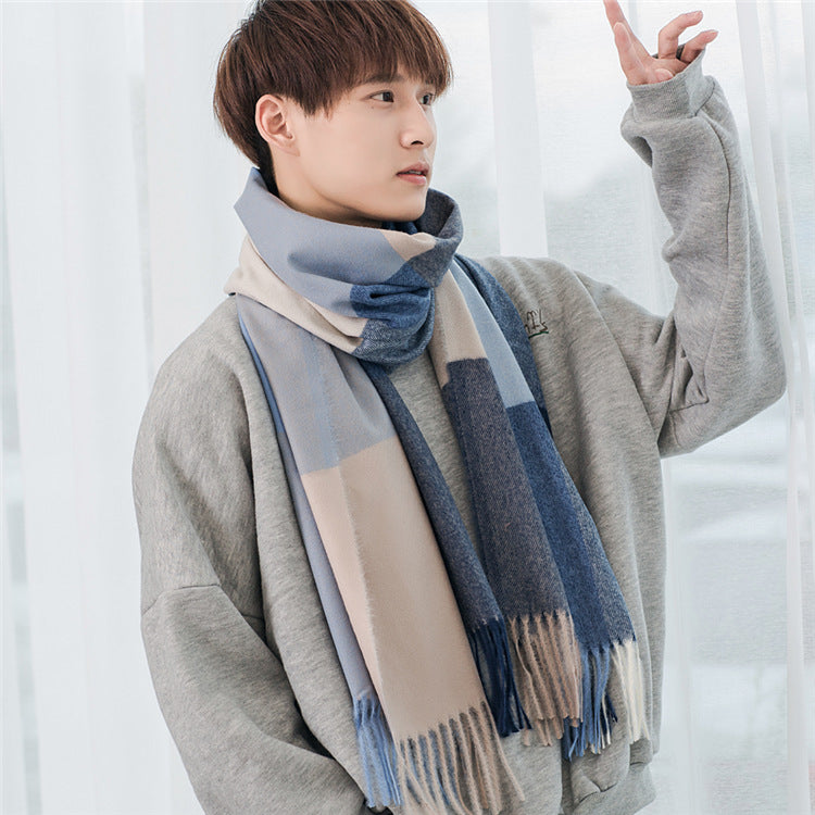 Men's checkered scarf with fringes, warm, soft, elegant