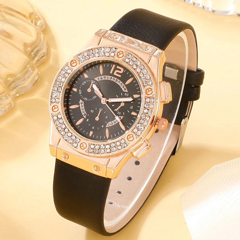 Korean Style Diamond-Embedded Fashion PU Strap Watch
