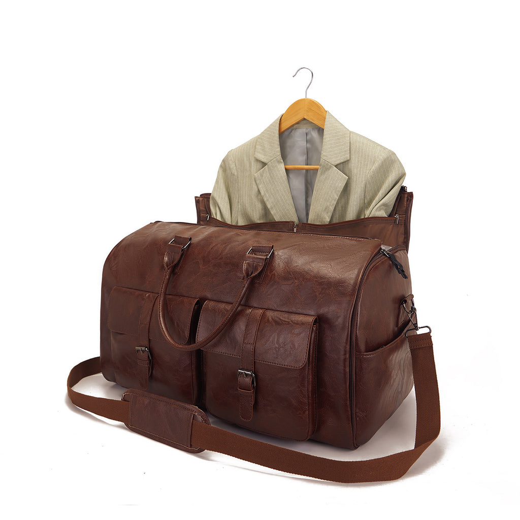 Travel Garment Bag Made of PU Leather – Foldable Garment Bag with Storage Compartments