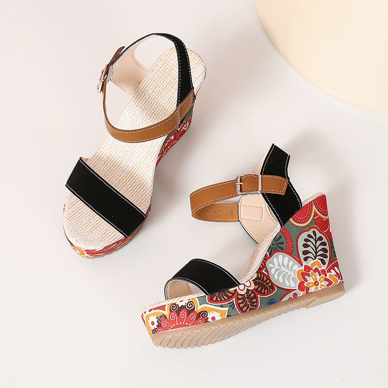 Damen Keilsandalen Blumen | Plateau Schnalle Sommer Schuhe