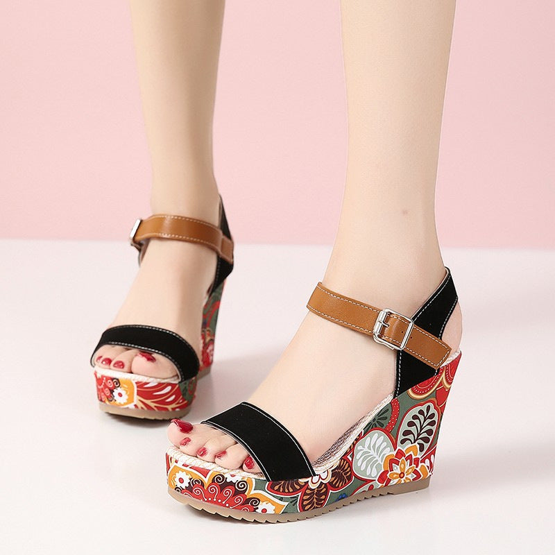 Damen Keilsandalen Blumen | Plateau Schnalle Sommer Schuhe