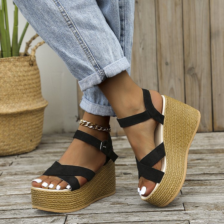 Damen Keilsandalen Kreuzriemen Hanf | Sommer bequem rutschfest Schuhe