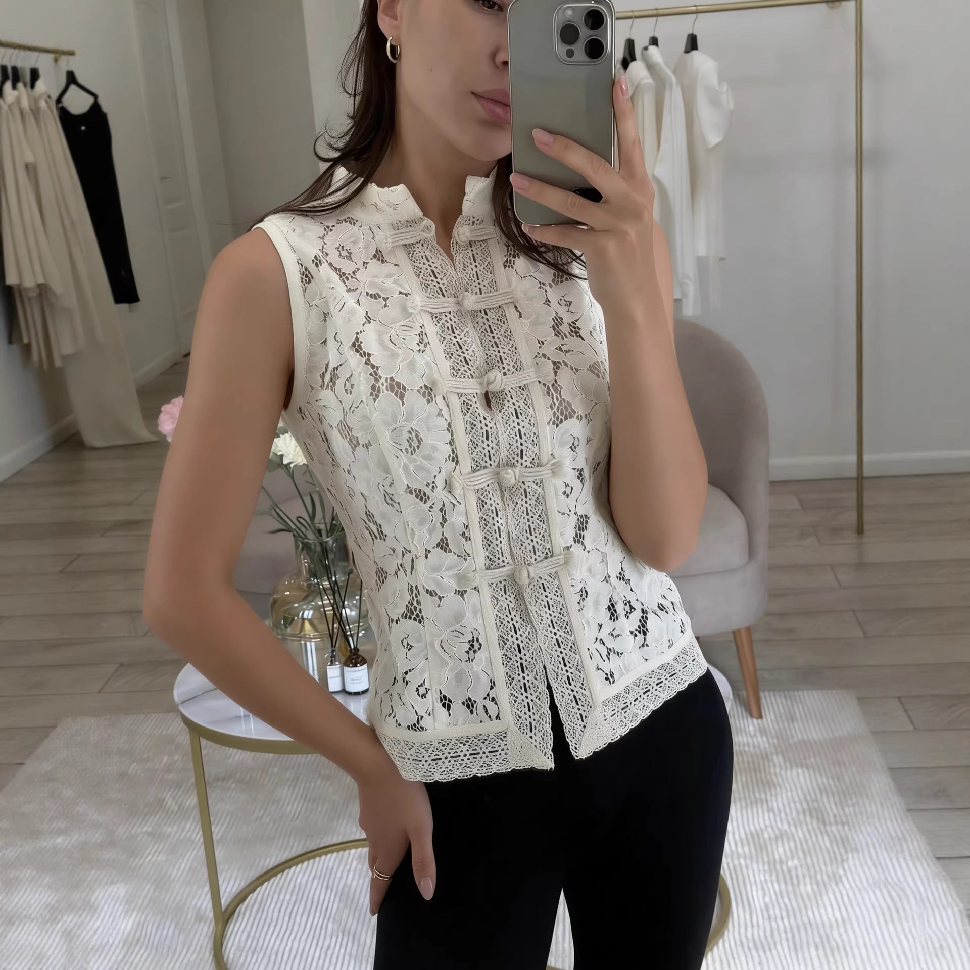 Elegant Women's Lace Top - Stand-Up Collar, Sleeveless & Figure-Hugging