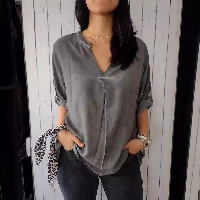 Plus Size Damenbluse Baumwolle Leinen | V-Ausschnitt Shirt