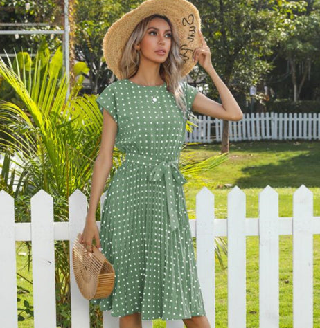 Elegant Polka Dot Midi Dress – Short Sleeve Dress with Belt for Office & Party