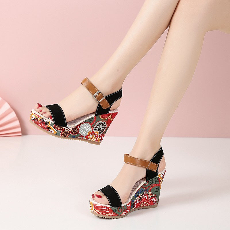Damen Keilsandalen Blumen | Plateau Schnalle Sommer Schuhe