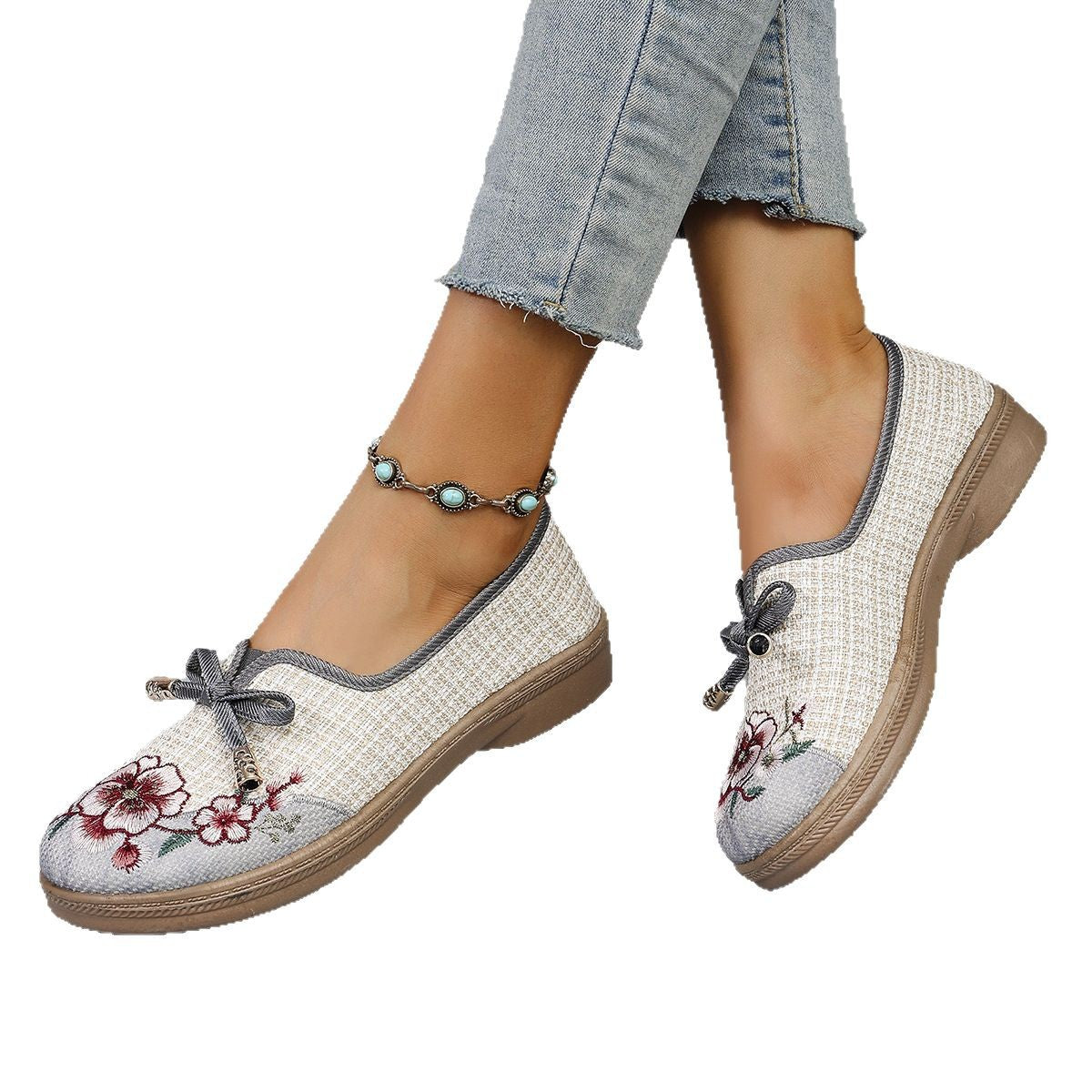 Damen Leinen Flats Ethno Style | Bequeme Sommer Freizeitschuhe