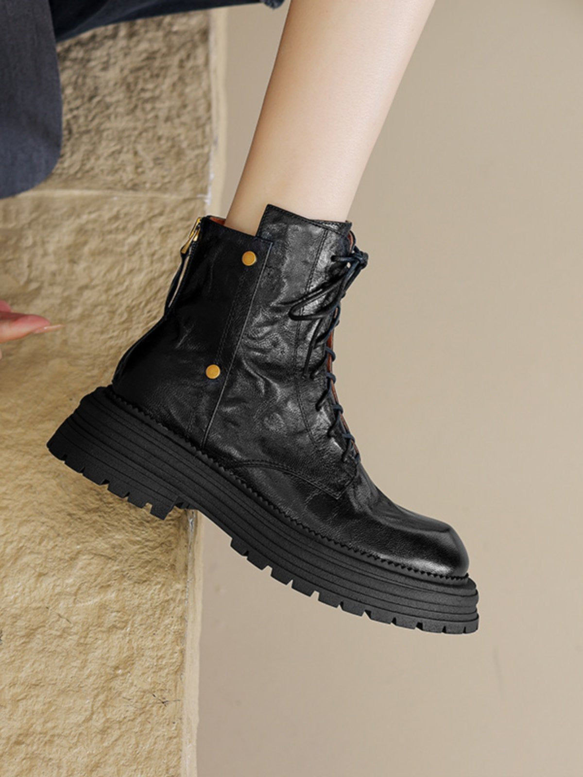 Women's Lambskin Ankle Boots with Chunky Sole – Lace-Up Boots