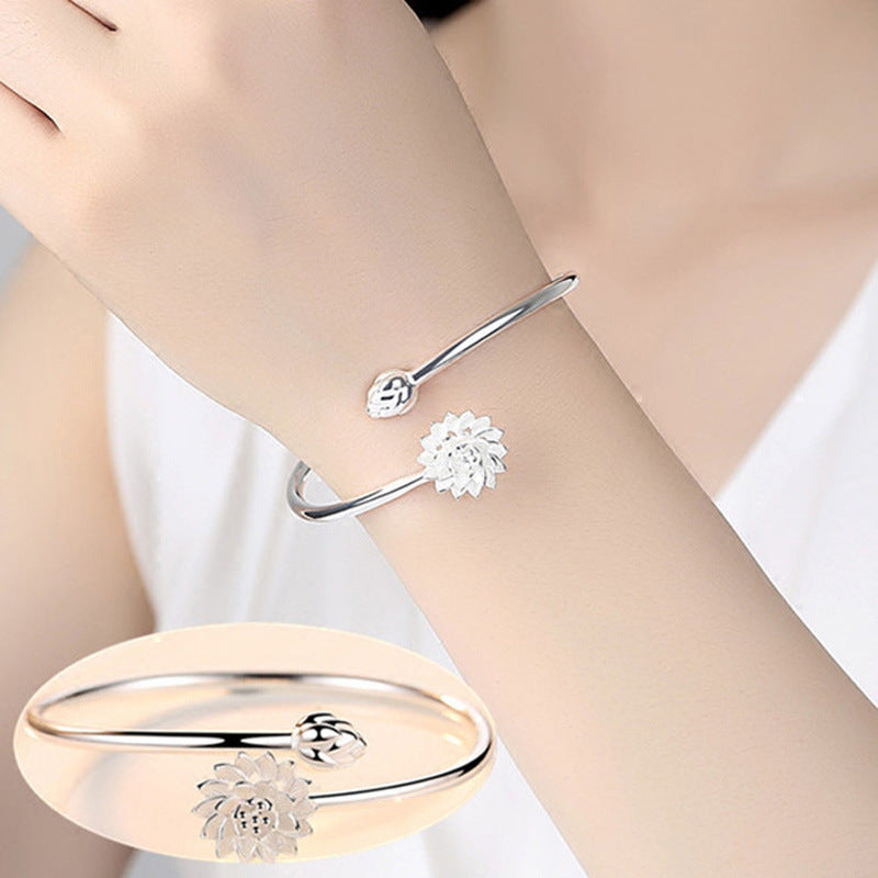 Silbernes Armband mit Schneelotus-Motiv, modisch im koreanischen Stil, offener Damenstil