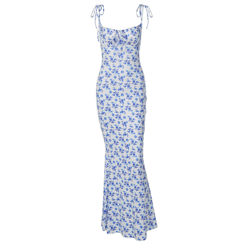 Florales Maxi-Sommerkleid – Rückenfreies Schnürkleid mit Spaghettiträgern