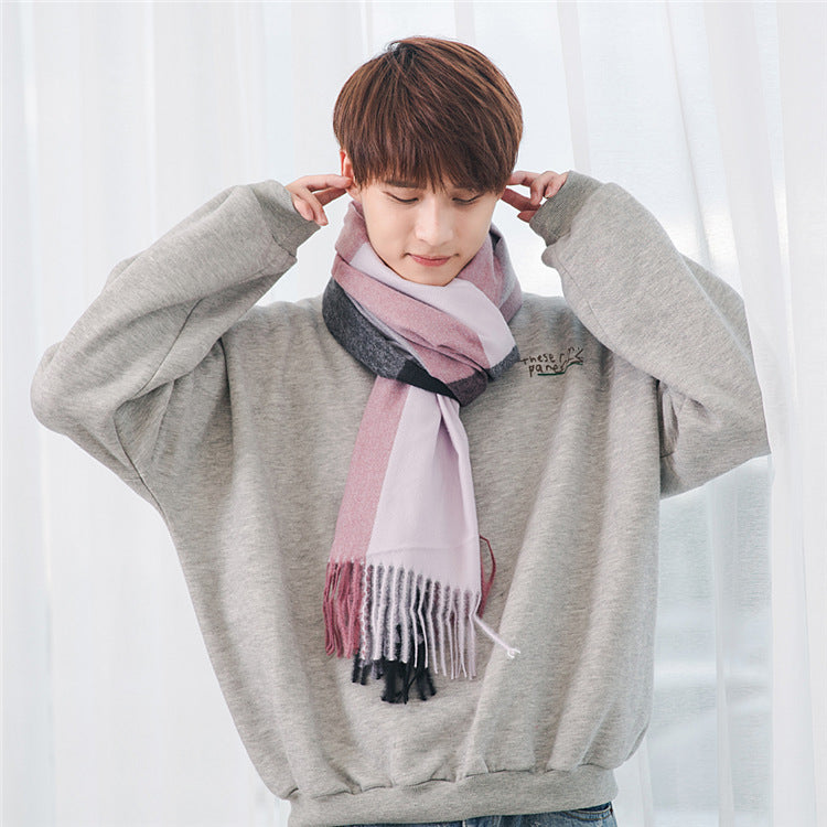Men's checkered scarf with fringes, warm, soft, elegant