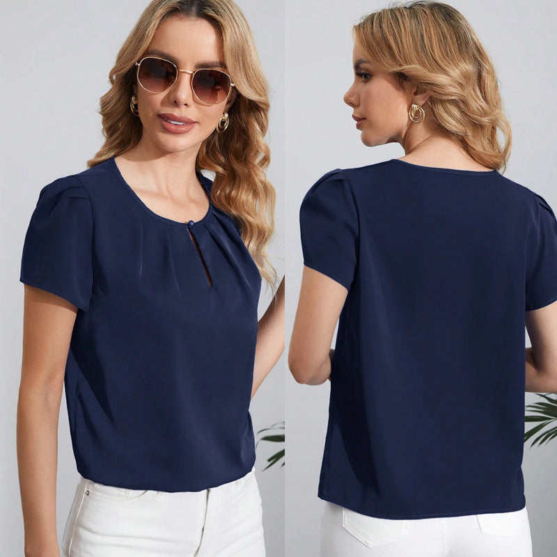 European and American Round Neck One-Button Hollow Loose Women's Casual Top