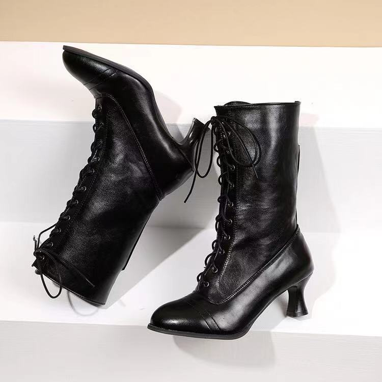 Women's Mid-Calf Lace-Up Boots – Elegant Low Heel Boots