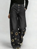 Women's High Waisted Loose Fit Jeans with Cut-Outs & Metal Eyelets