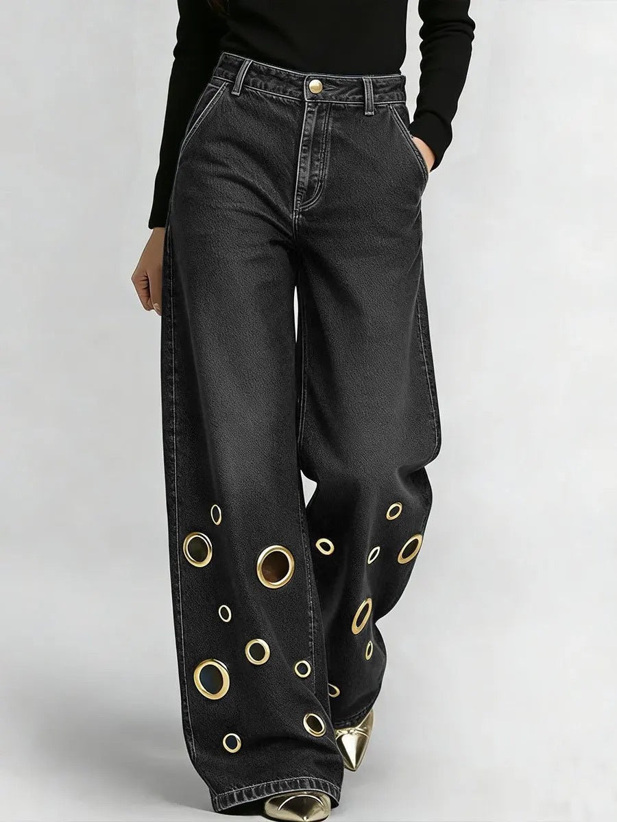 Women's High Waisted Loose Fit Jeans with Cut-Outs & Metal Eyelets
