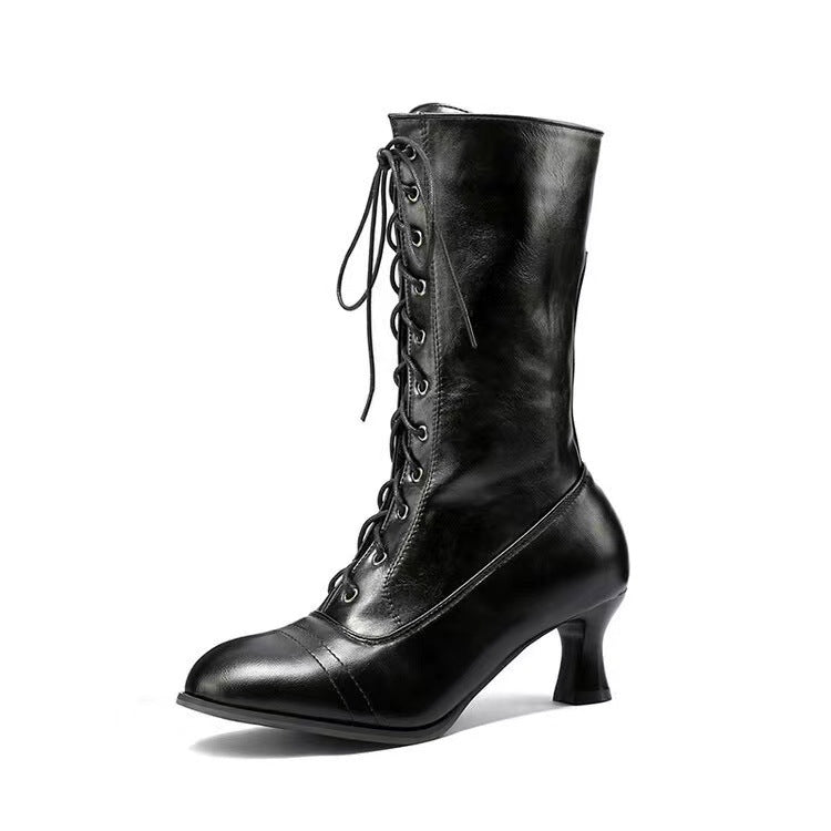 Women's Mid-Calf Lace-Up Boots – Elegant Low Heel Boots