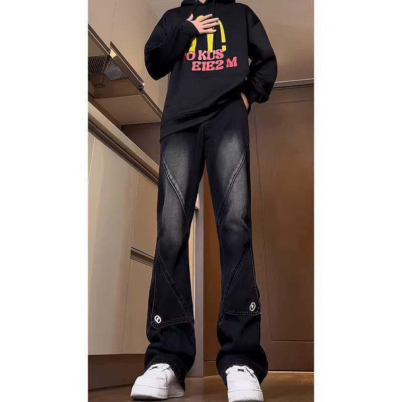 Men's Workwear Patchwork Jeans - Wide Leg Flared Denim Pants
