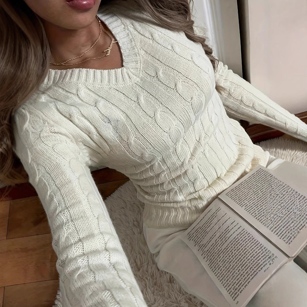 Zopfstrick V-Ausschnitt Pullover – Eleganter Damen Langarm Strickpullover