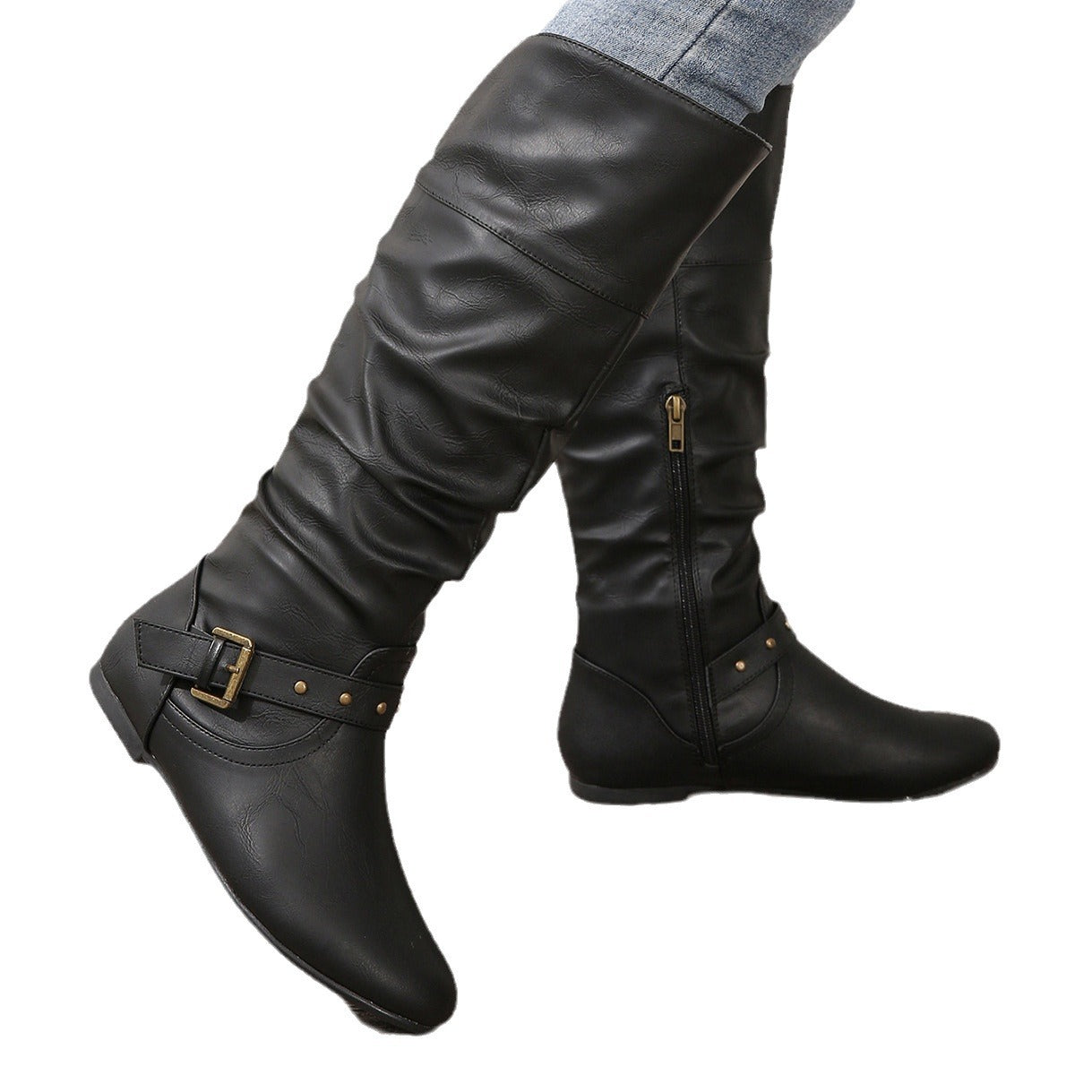 Damen Retro Leder Boots – Runde Spitze mit Schnallenriemen