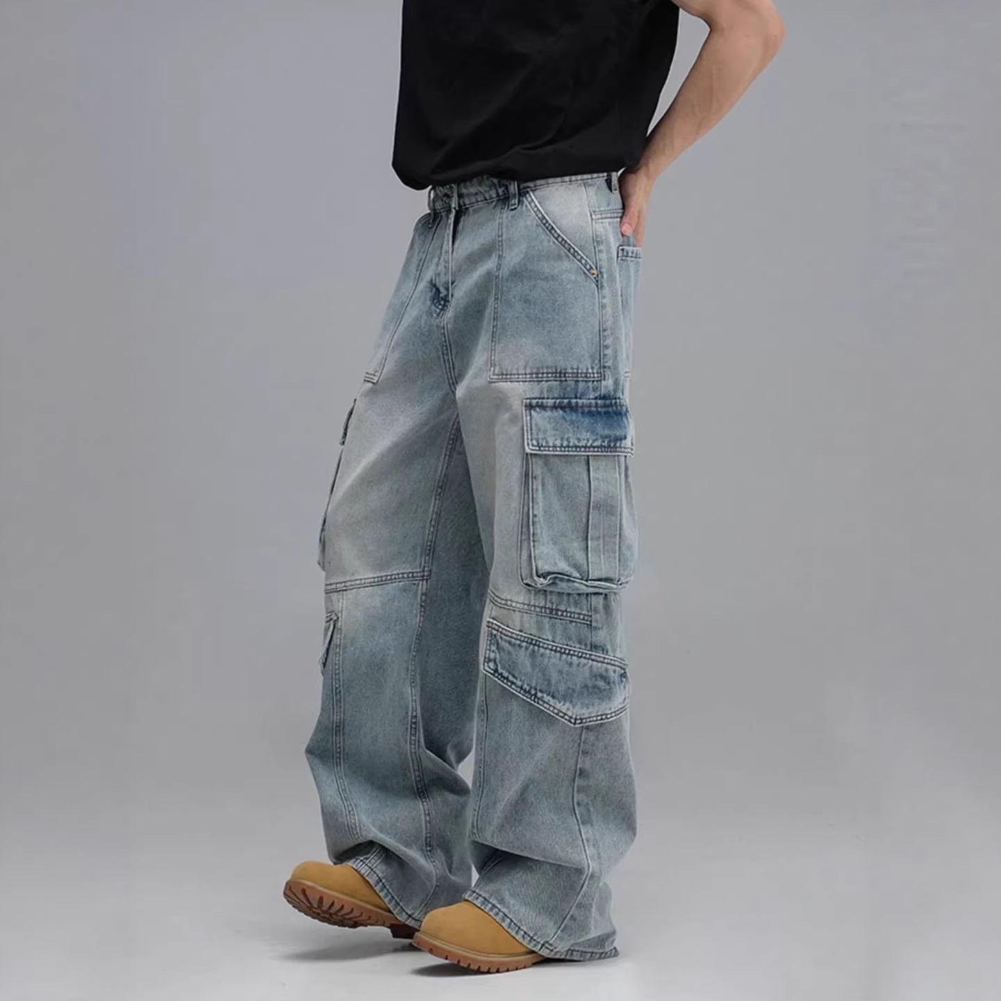 Men's Workwear Jeans Wide Leg – Multi Pocket Denim Pants