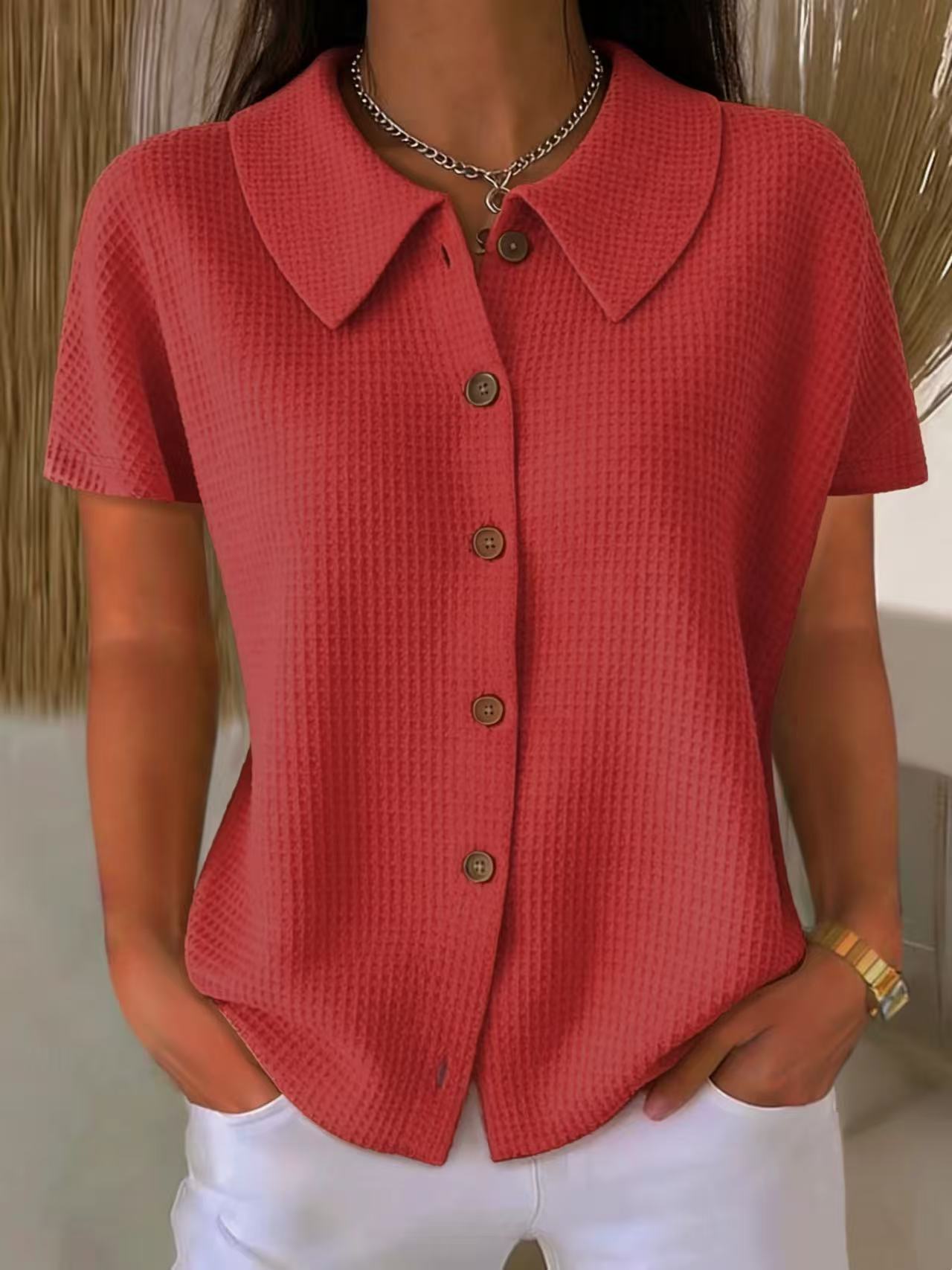 Women's Short-Sleeve Blouse with Collar – Waffle Texture, Loose & Summery
