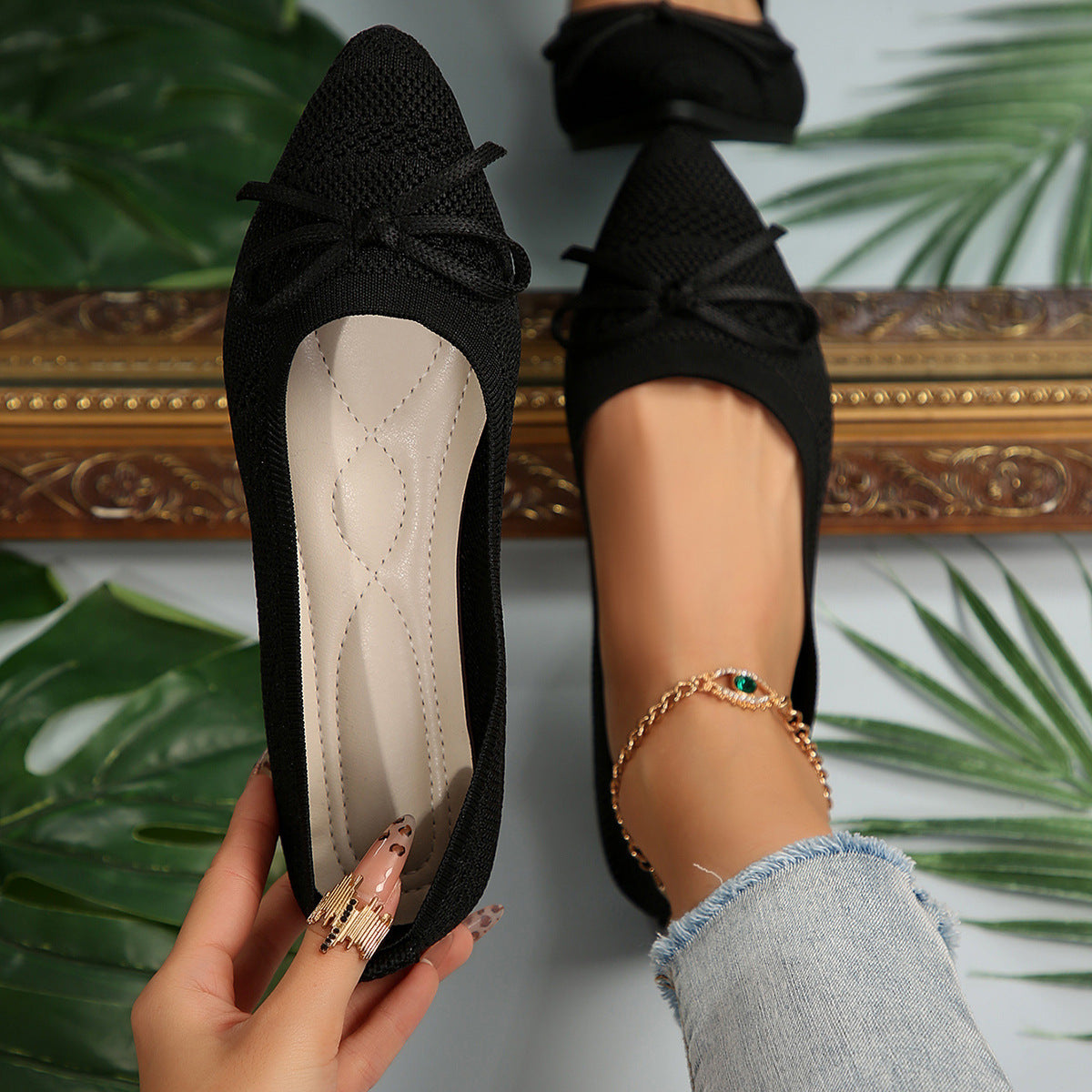 Women's knitted loafer elegant | pointed flats with bow