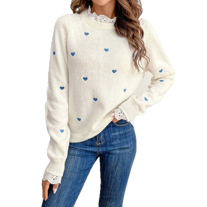 Strickpullover mit Herzstickerei – Damen Patchwork Basic Pullover