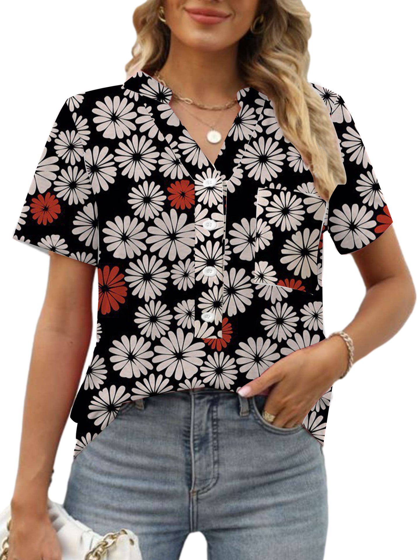 Damen Blumenprint Bluse V-Ausschnitt | Sommer Kurzarm Shirt