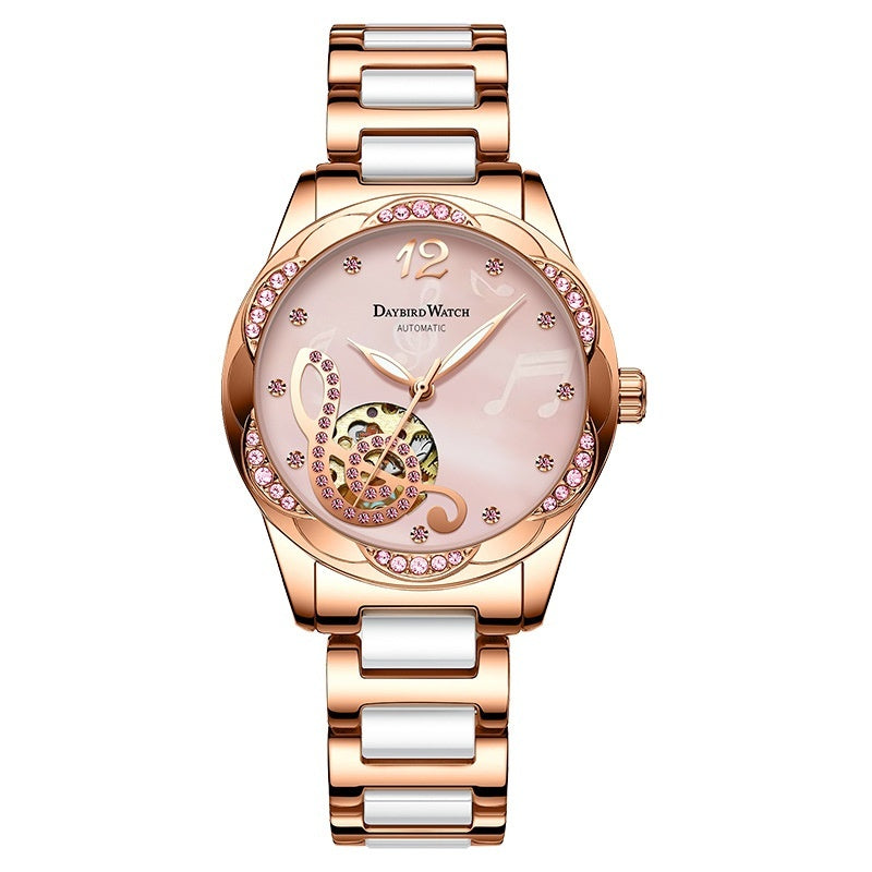 Ladies Automatic Watch Wine Red – Skeleton Design Luxury Wristwatch