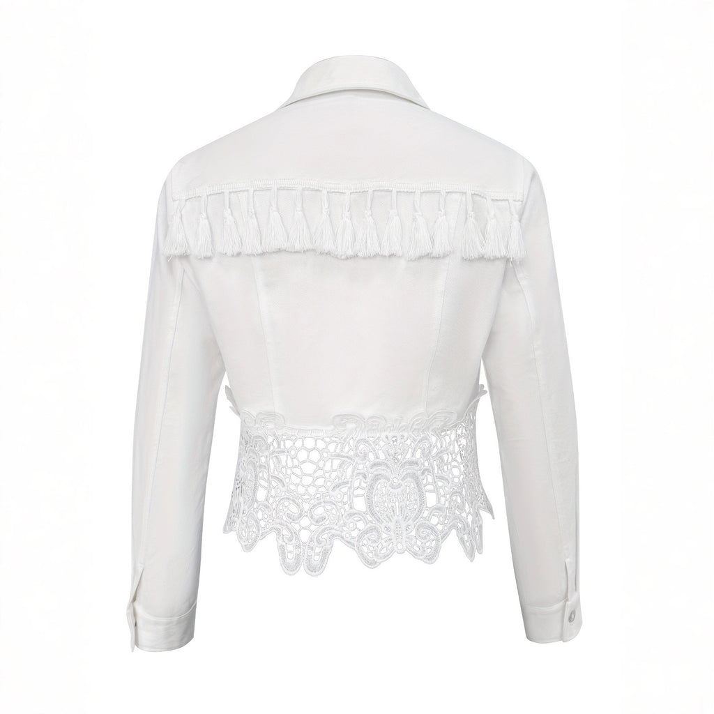 Women's Coat with Fringe & Cut-Outs – Elegant Patchwork Designer Look