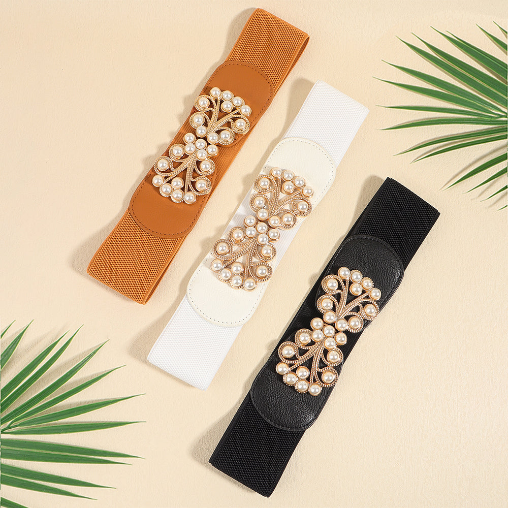Women's Stretch Belt Wide | Elastic Pearl Buckle Elegant