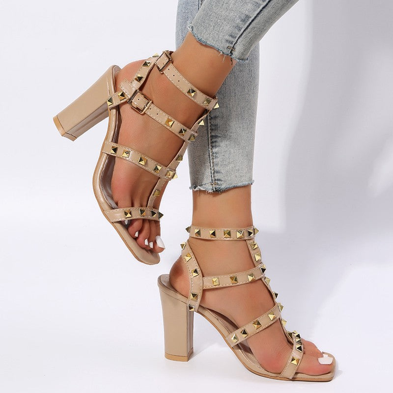 Damen Gladiator Sandalen mit Nieten | Square Toe High Heels
