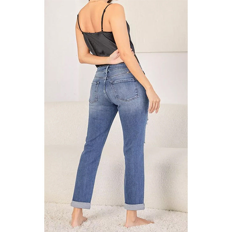 Women's Slim Fit Straight Leg Jeans – Ripped Cuffed Denim Pants