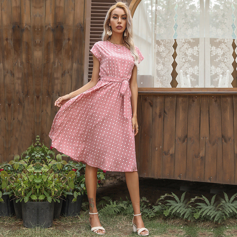 Elegant Polka Dot Midi Dress – Short Sleeve Dress with Belt for Office & Party