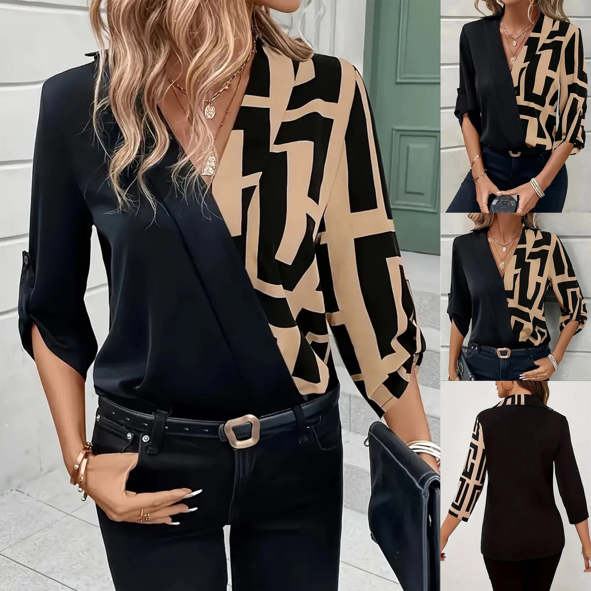 Fashionable Women's Black Blouse with V-Neck – Patchwork & Casual Chic