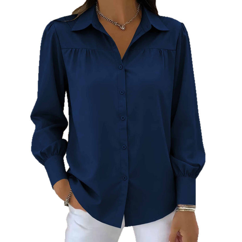 Women's Blouse with Lantern Sleeves – Solid Color, Loose & Elegant