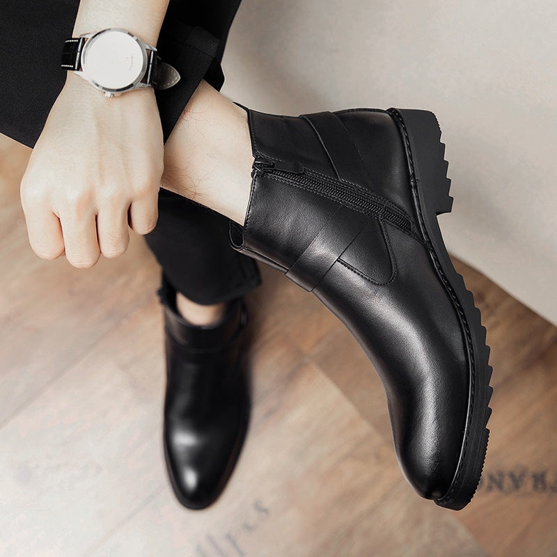 Men's Pointed Toe High Top Leather Boots with Zipper – British Style Ankle Boots Large Sizes