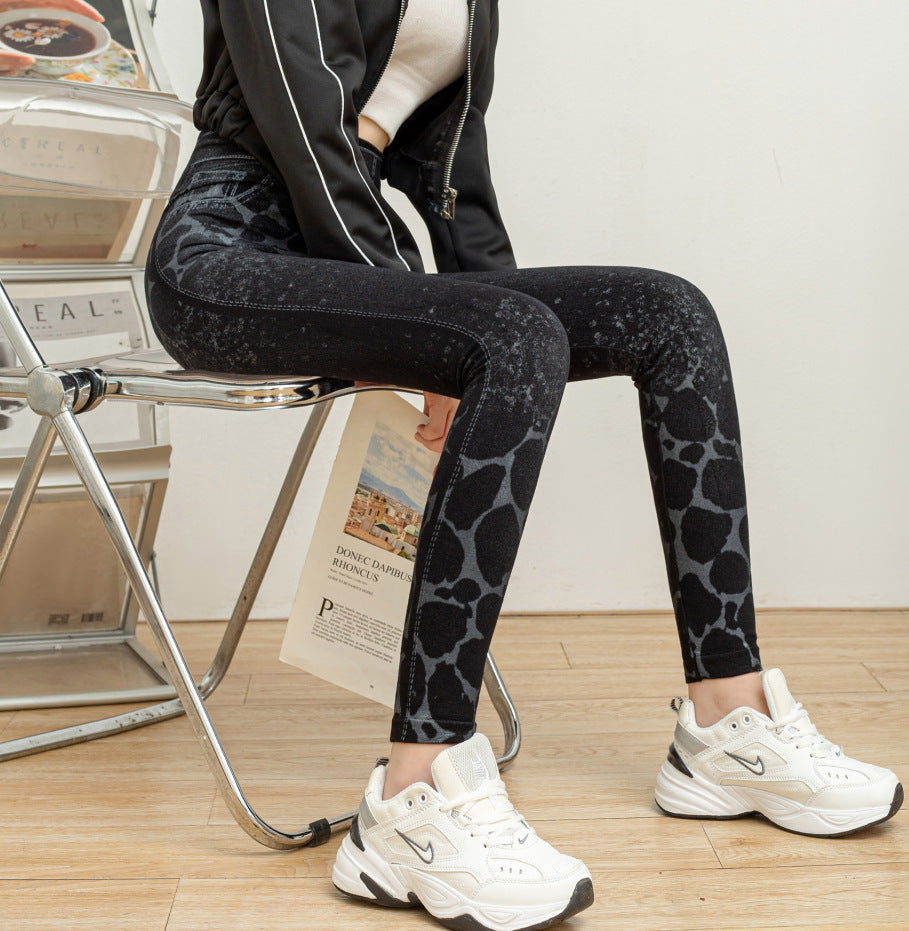 Women's Denim Look Leggings | Leopard Print High Waist Pants